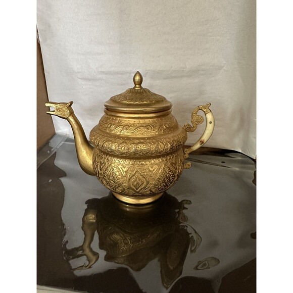 Vintage Brass Embossed Kettle Tea Pot 6” Tall, 7.5” Wide, Unique Handle - Picture 1 of 11